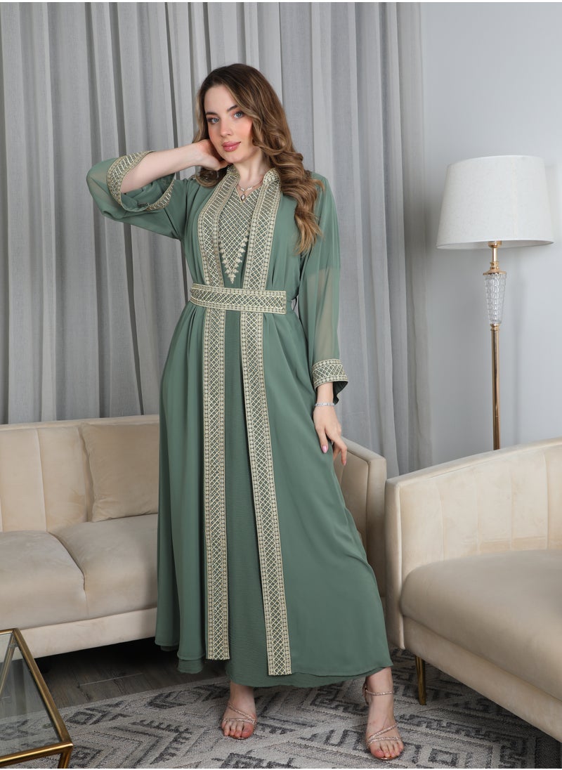 Bint Al Bilad Bint Al Bilad Women's Summer Long Luxury Jalabiya | Full-Length Kaftan Dress for Ramadan, Eid Ul Fitr, Wedding, Special Occasions | Embroidered Saudi Abaya | Modest Islamic Clothing  - Image 5