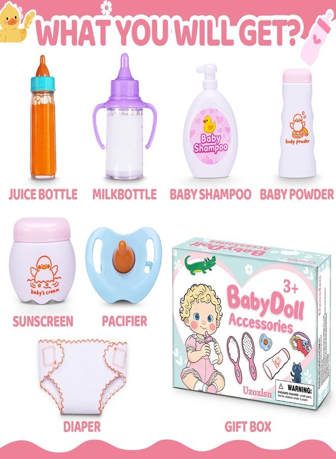 Uzoxlsn Baby Doll Accessories Set in Gift Box, 16 Pack Baby Doll Feeding Caring Kit with Pacifiers & Diaper Bag & Magic Bottles, Birthday / Christmas Party Goody Bag Stuffer, Toddler Kid Girl Pretend Play Toy - Image 3