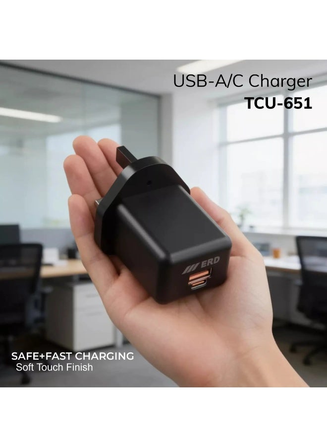 ERD شاحن سريع ERD 20W PD - محول طاقة مزدوج المنفذ USB-A و USB-C | شحن سريع 20W | حماية من الدائرة القصيرة، الحمل الزائد وارتفاع الجهد | أسود | تصميم مدمج للاستخدام المنزلي والسفر - Image 3