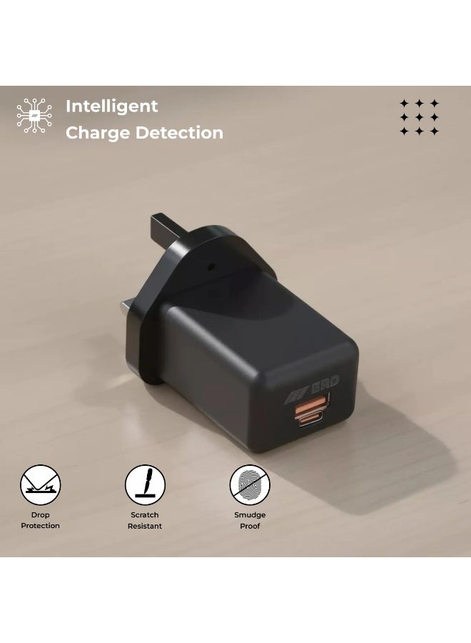 ERD شاحن سريع ERD 20W PD - محول طاقة مزدوج المنفذ USB-A و USB-C | شحن سريع 20W | حماية من الدائرة القصيرة، الحمل الزائد وارتفاع الجهد | أسود | تصميم مدمج للاستخدام المنزلي والسفر - Image 4