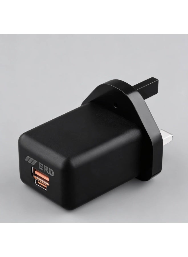ERD شاحن سريع ERD 20W PD - محول طاقة مزدوج المنفذ USB-A و USB-C | شحن سريع 20W | حماية من الدائرة القصيرة، الحمل الزائد وارتفاع الجهد | أسود | تصميم مدمج للاستخدام المنزلي والسفر - Image 2