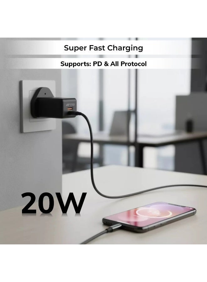 ERD شاحن سريع ERD 20W PD - محول طاقة مزدوج المنفذ USB-A و USB-C | شحن سريع 20W | حماية من الدائرة القصيرة، الحمل الزائد وارتفاع الجهد | أسود | تصميم مدمج للاستخدام المنزلي والسفر - Image 1