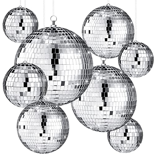 Haull 8 Pcs Large Disco Ball Set Silver Mirror Disco Reflective Ball with Hanging Ring Party Ornament Decoration for Stage Club Ballroom Dance Hall Wedding Prom Props12 8 6 4