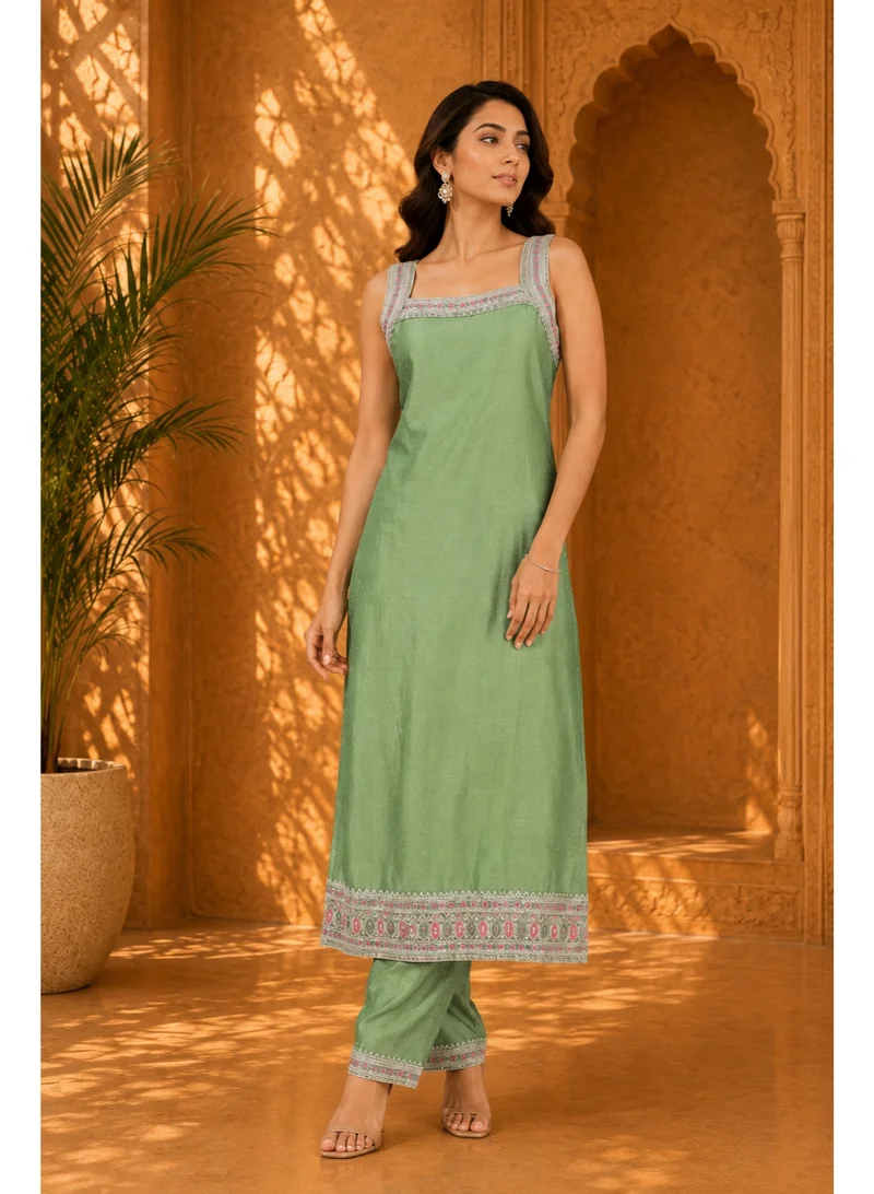 Lehar Sage Green Square-Neck Embellished Straight Kurti with Matching Trousers and Bordered Dupatta