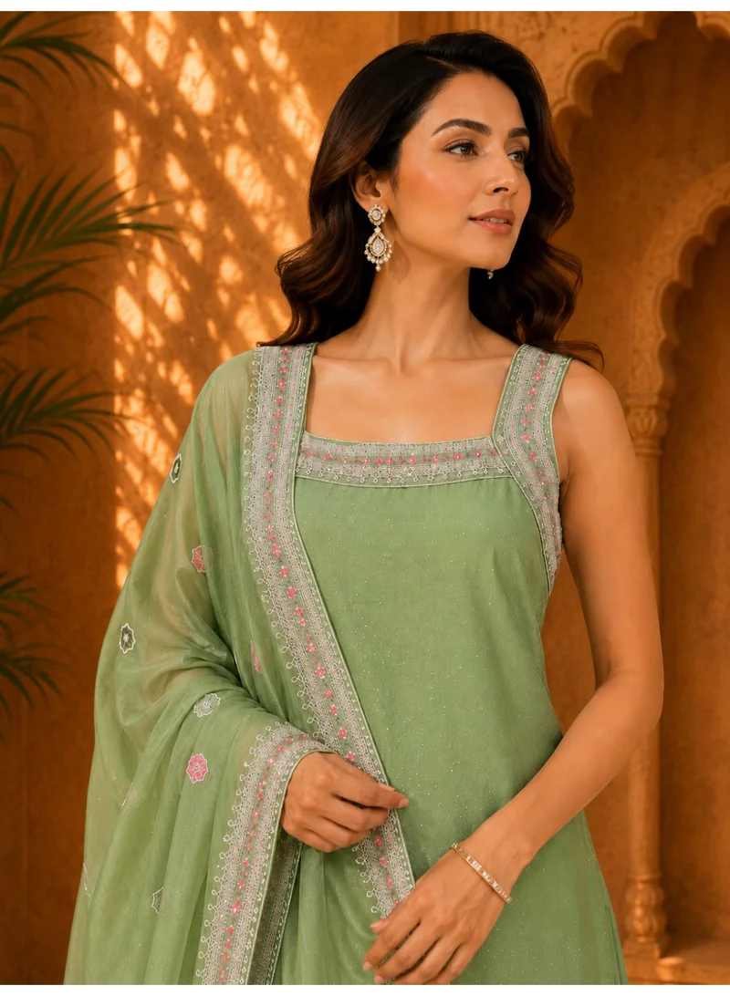 Lehar  Sage Green Square-Neck Embellished Straight Kurti with Matching Trousers and Bordered Dupatta for Women | Best Price UAE
