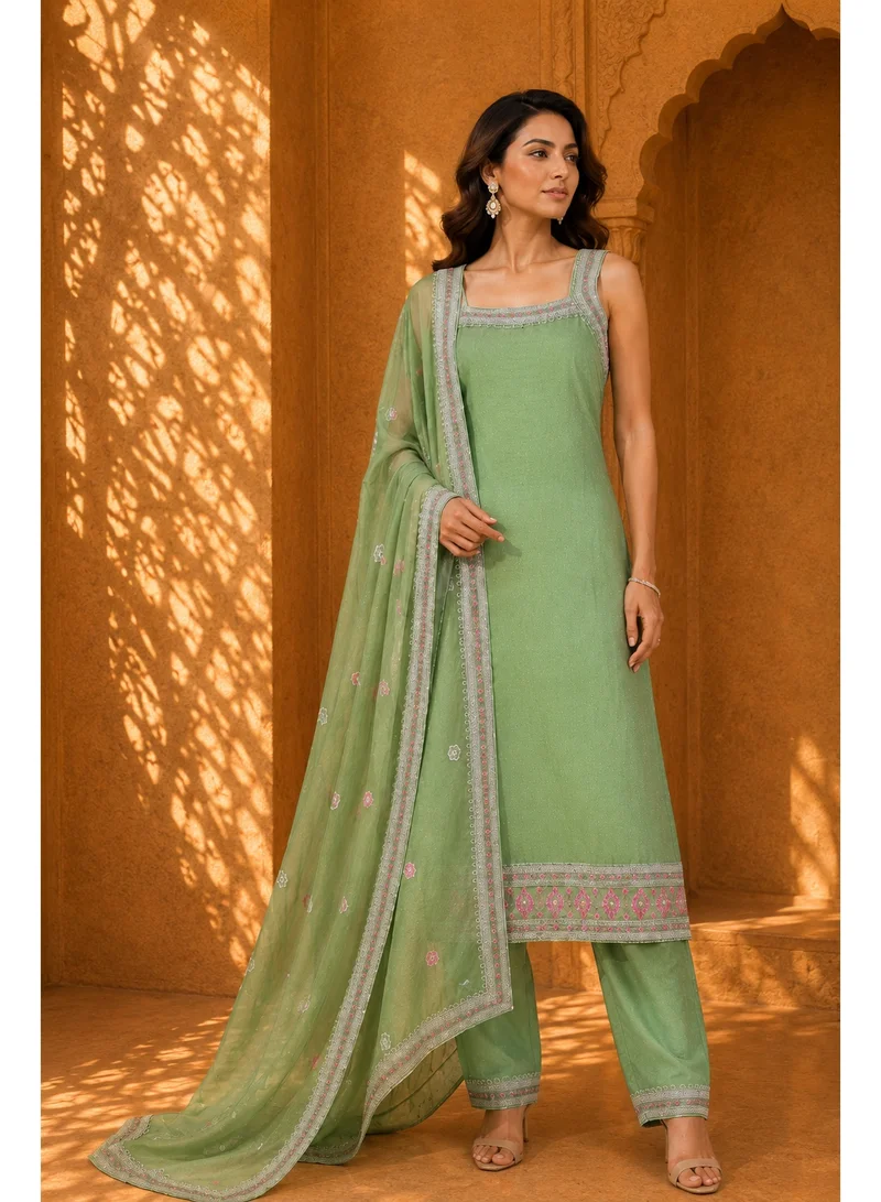 Lehar Sage Green Square-Neck Embellished Straight Kurti with Matching Trousers and Bordered Dupatta