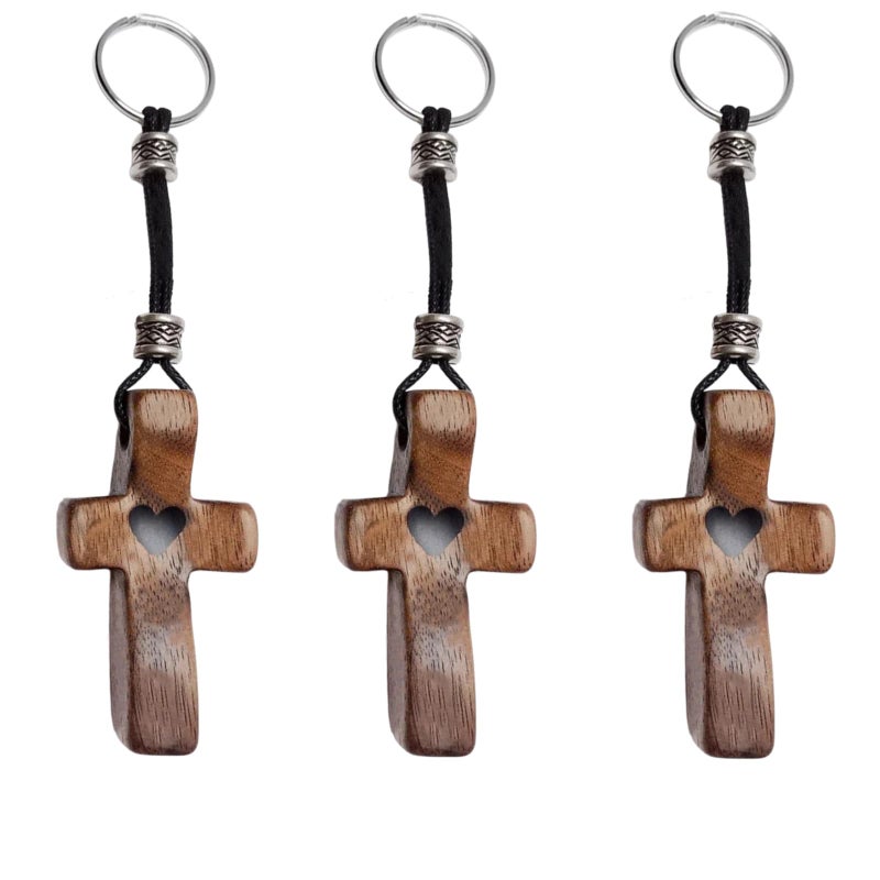 Fving Cross My Hearth Keychain,100% Walnut Christian Keychain, Small Jesus Key Chains, Pocket Wood Cross Fidget for Encouragement & Prayer, Stress/Anxiety Relief Gift for Family Friend(3 PCS) - Image 1