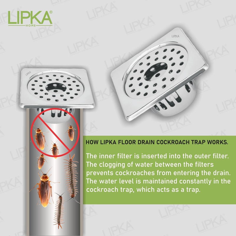 LIPKA Square Floor Drain with Cockroach Trap 5 x 5 Inches Floor Drainer 304Grade Stainless Steel Floor Trap Glossy Finish Drain Jali with Hole - Image 3