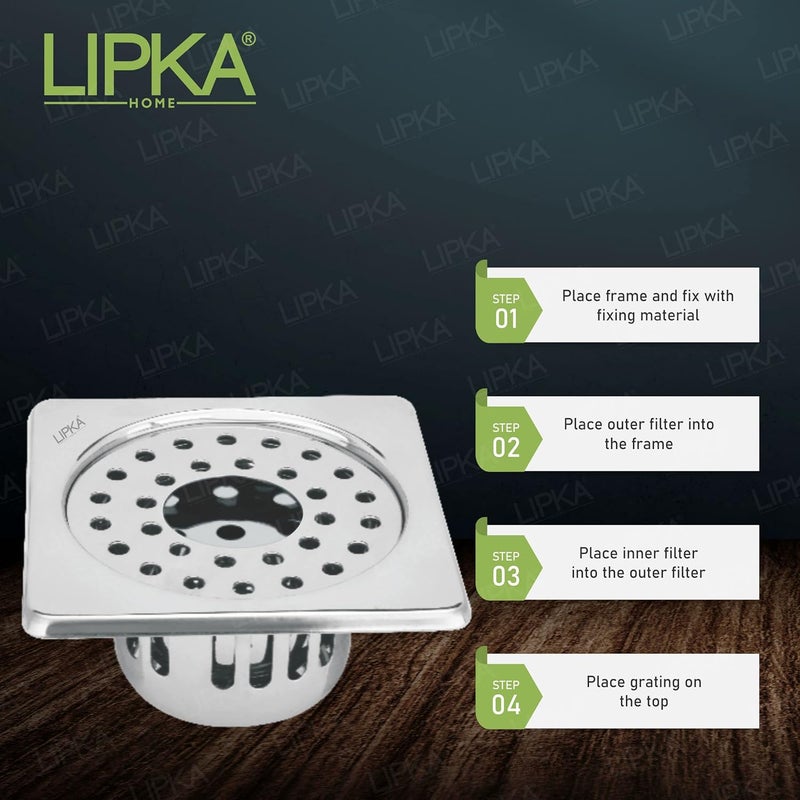 LIPKA Square Floor Drain with Cockroach Trap 5 x 5 Inches Floor Drainer 304Grade Stainless Steel Floor Trap Glossy Finish Drain Jali with Hole - Image 5