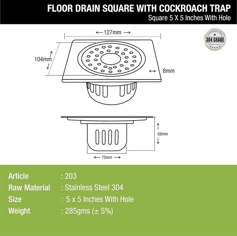 LIPKA Square Floor Drain with Cockroach Trap 5 x 5 Inches Floor Drainer 304Grade Stainless Steel Floor Trap Glossy Finish Drain Jali with Hole - Image 2
