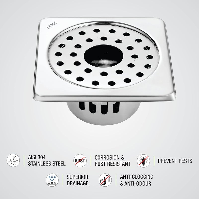 LIPKA Square Floor Drain with Cockroach Trap 5 x 5 Inches Floor Drainer 304Grade Stainless Steel Floor Trap Glossy Finish Drain Jali with Hole - Image 4