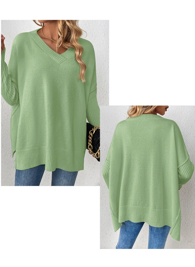 NIBEMINENT Women's  Sweaters Long Sleeve Ribbed V Neck Solid Color Side Split Knitwear Pullovers Loose Fit Jumper Tops Streetwear - Image 2