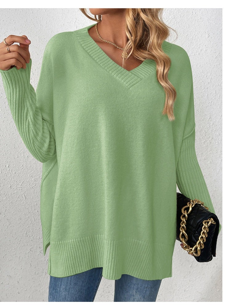 NIBEMINENT Women's  Sweaters Long Sleeve Ribbed V Neck Solid Color Side Split Knitwear Pullovers Loose Fit Jumper Tops Streetwear - Image 1