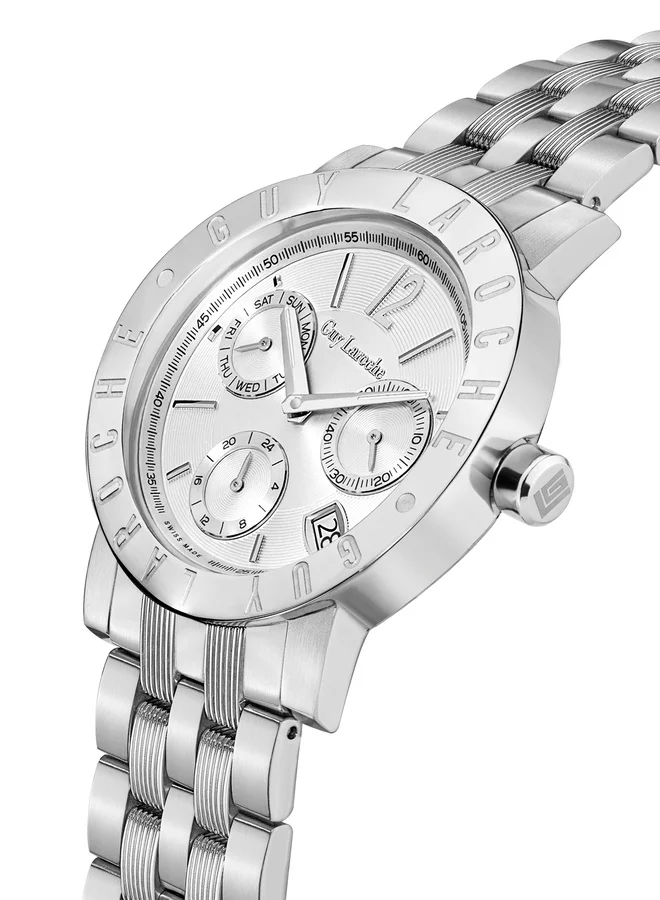 غاي لاروش ساعة أليكس للرجال متعددة الوظائف بسوار فضي من الفولاذ المقاوم للصدأ
