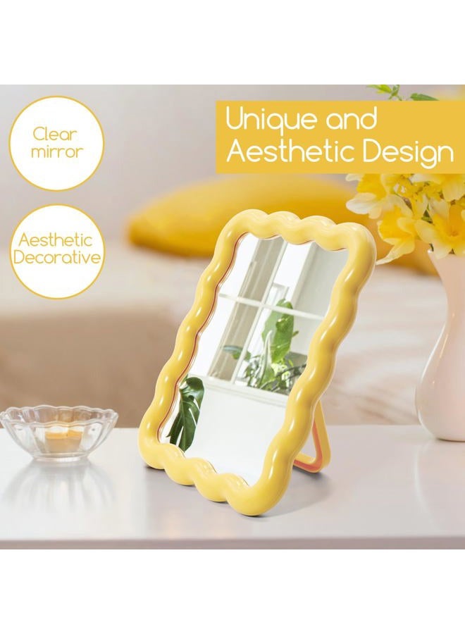 Philbinden Cute Wave-Shaped Desk Vanity Makeup Mirror,Portable Aesthetic Folding Mirror Travel Make Up Mirror for Standing/Hanging,Home Decorations Mirror for Women Girls (1, Yellow) - Image 4