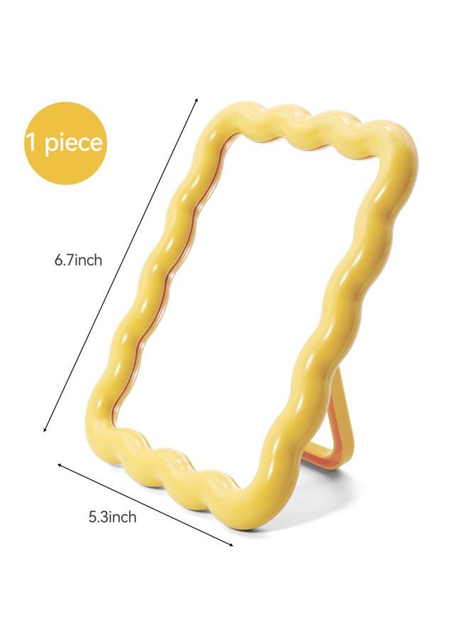 Philbinden Cute Wave-Shaped Desk Vanity Makeup Mirror,Portable Aesthetic Folding Mirror Travel Make Up Mirror for Standing/Hanging,Home Decorations Mirror for Women Girls (1, Yellow) - Image 2