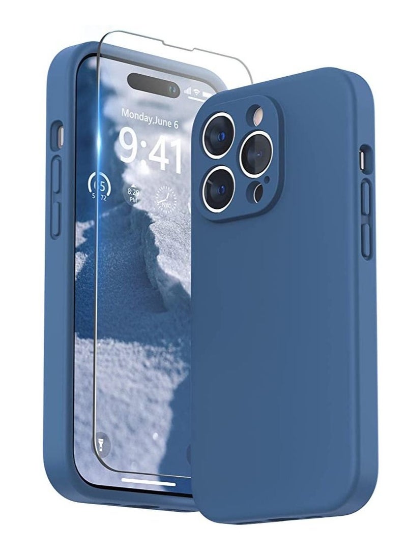 iPhone 14 Pro Max Case with Screen Protector, (with Camera Protection + Soft Microfiber Lining) Liquid Silicone Phone Case, Blue Jay