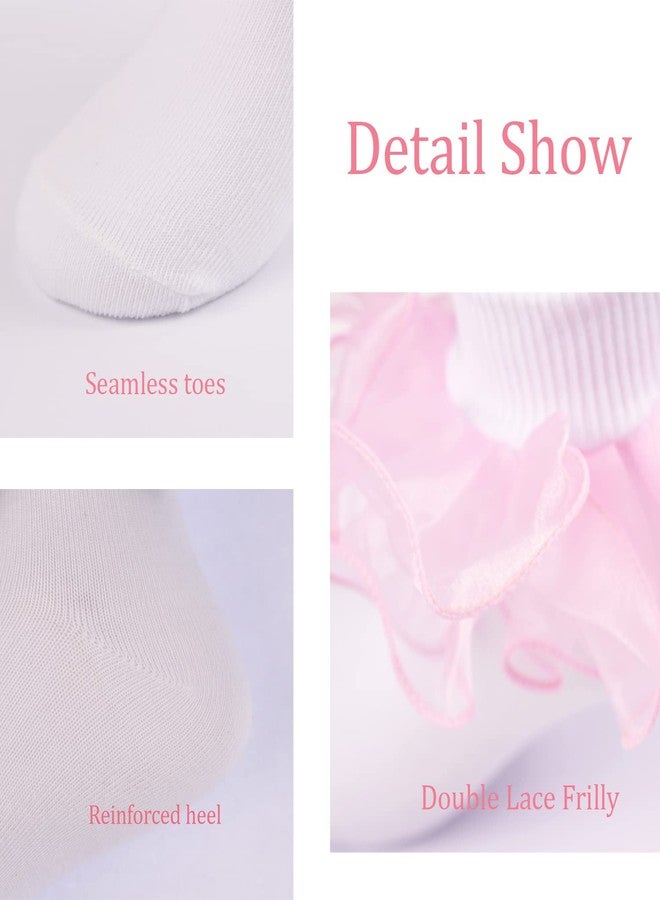 Marchare Baby Girls Ruffle Lace Socks Baby White Socks 2-4 Years Eyelet Two-Layer Cotton Princess Socks White 3 Pack - Image 4