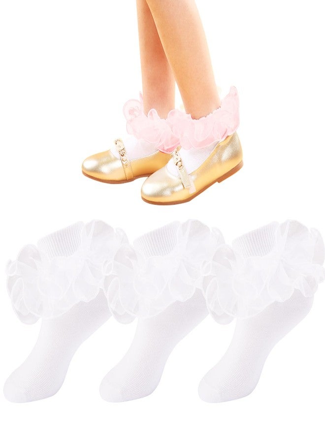 Marchare Baby Girls Ruffle Lace Socks Baby White Socks 2-4 Years Eyelet Two-Layer Cotton Princess Socks White 3 Pack - Image 1