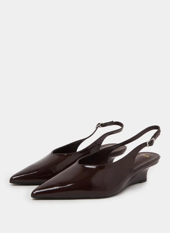 Styli Brown Patent Slingback Mid-Heel Slingback Pumps