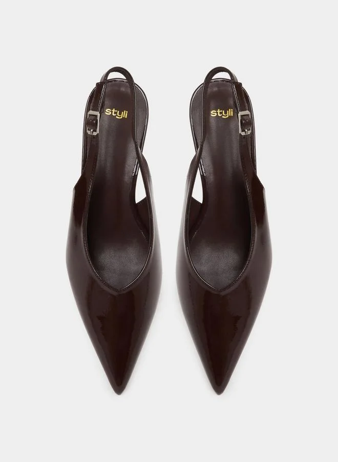 Styli  Brown Patent Slingback Mid-Heel Slingback Pumps for Women | Best Price UAE