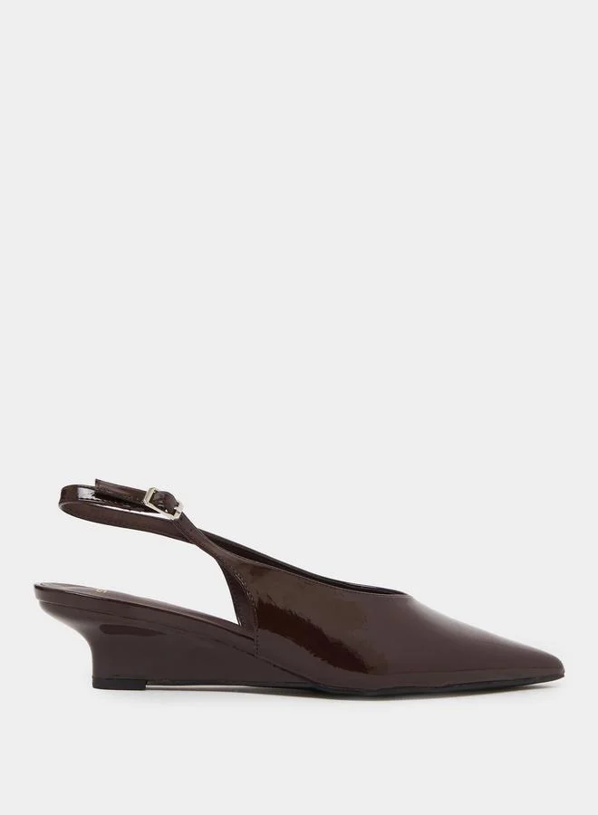 Styli Brown Patent Slingback Mid-Heel Slingback Pumps