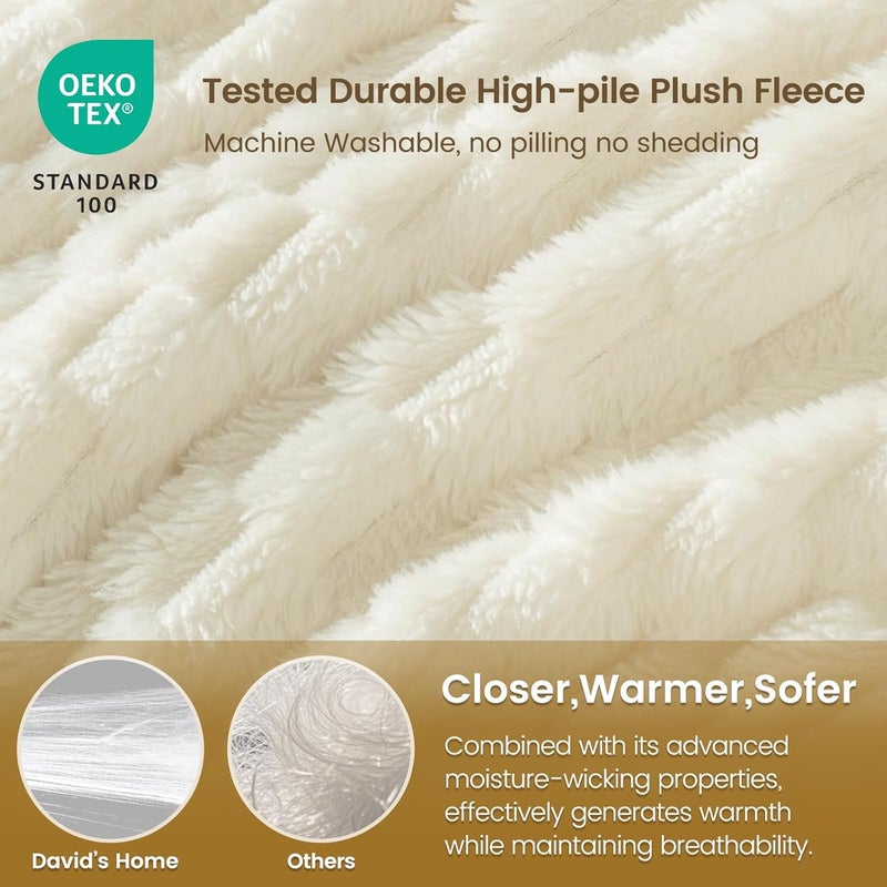 David's Home Ultra Soft Fleece Blanket Queen Size, Warm Lightweight 3D Jacquard Flannel Blanket for Fall Winter, Fluffy Cozy Luxury Plush Suitable for Bed Room Decor,90"x90", Cream - Image 2