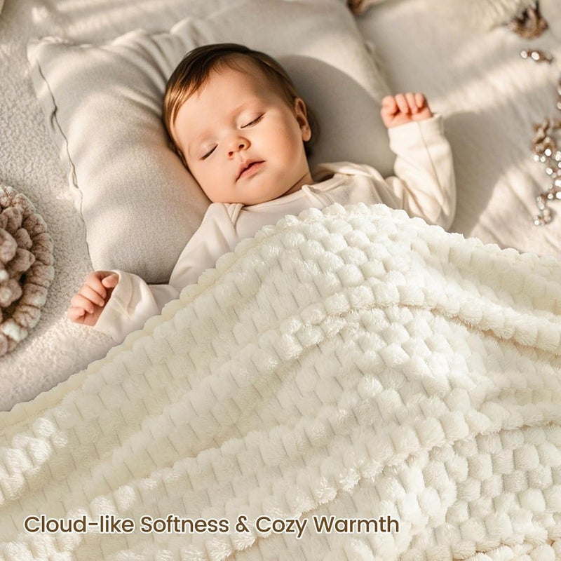 David's Home Ultra Soft Fleece Blanket Queen Size, Warm Lightweight 3D Jacquard Flannel Blanket for Fall Winter, Fluffy Cozy Luxury Plush Suitable for Bed Room Decor,90"x90", Cream - Image 3