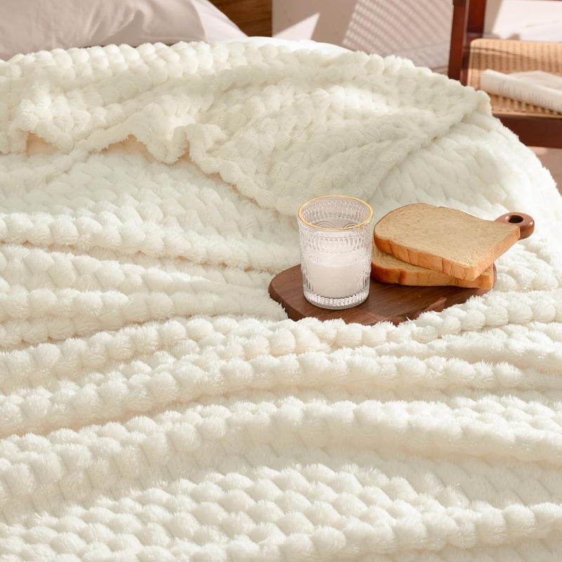 David's Home Ultra Soft Fleece Blanket Queen Size, Warm Lightweight 3D Jacquard Flannel Blanket for Fall Winter, Fluffy Cozy Luxury Plush Suitable for Bed Room Decor,90"x90", Cream - Image 1