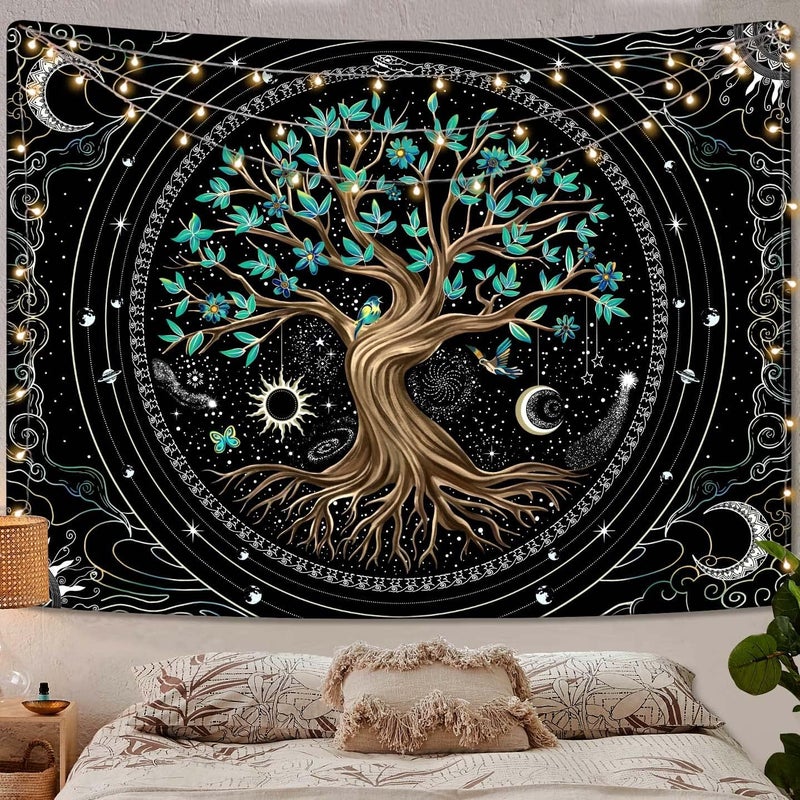 Kanuyee Tree of Life Tapestry Star Tapestry Moon Tapestry Wall Hanging Mandala Tapestry Aesthetic Bedroom Decor Black Tapestries For Bedroom Hippie Room Decor For Bedroom Aesthetic (70"x90") - Image 1