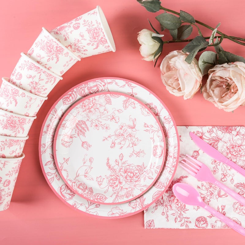 Elyxio 175Pcs Pink Floral Paper Plates and Napkins 25 Guests Pink White Toile Chinoiserie Party Supplies Set Include Plates Napkins Cups Spoons Forks Knives for Christmas Birthday Wedding Mother's Day - Image 4