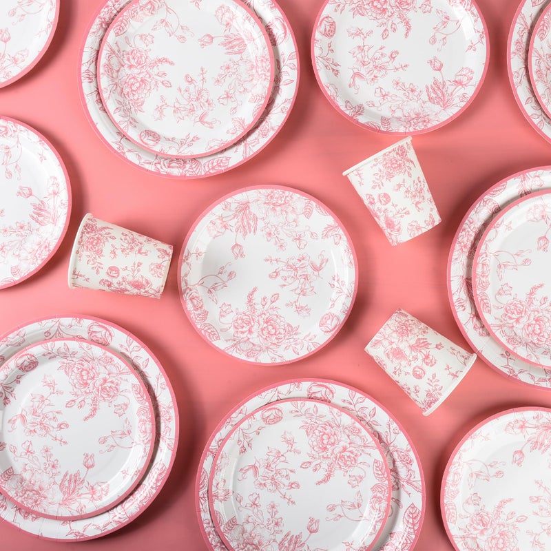 Elyxio 175Pcs Pink Floral Paper Plates and Napkins 25 Guests Pink White Toile Chinoiserie Party Supplies Set Include Plates Napkins Cups Spoons Forks Knives for Christmas Birthday Wedding Mother's Day - Image 3