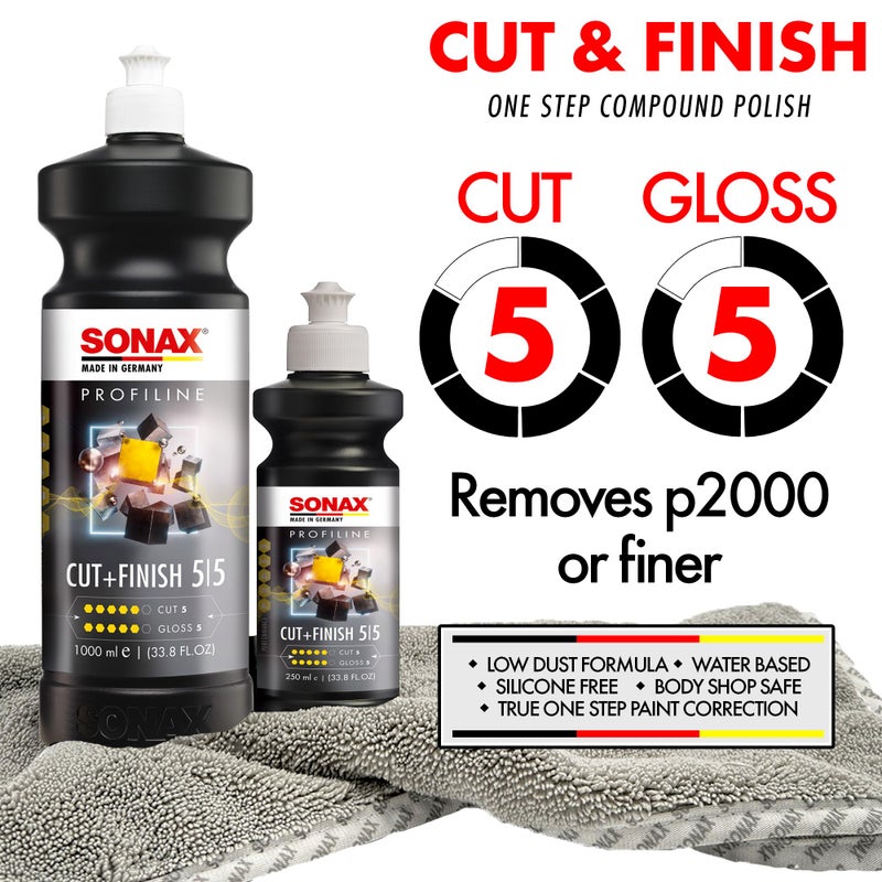 SONAX Cut & Finish 225141 | High Performing Polish/Compound | Rated 5 Cut & 5 Gloss | Removes Paint Defects, P1500 Sanding Marks & Water Spots | Long Work Time & Easy Wipe-Off | Silicone-Free | 250ml - Image 1