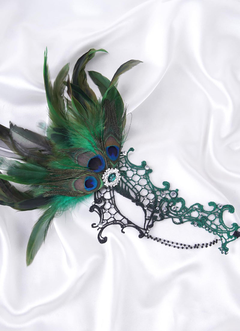 Zinniday Halloween Masquerade Masks for Women -2026 Black Green Peacock Feather Lace Mask, 1920s 50s Antique Venetian Eyemask for Woman Cosplay Party Evening Carnival Costume Prom Renaissance - Image 3