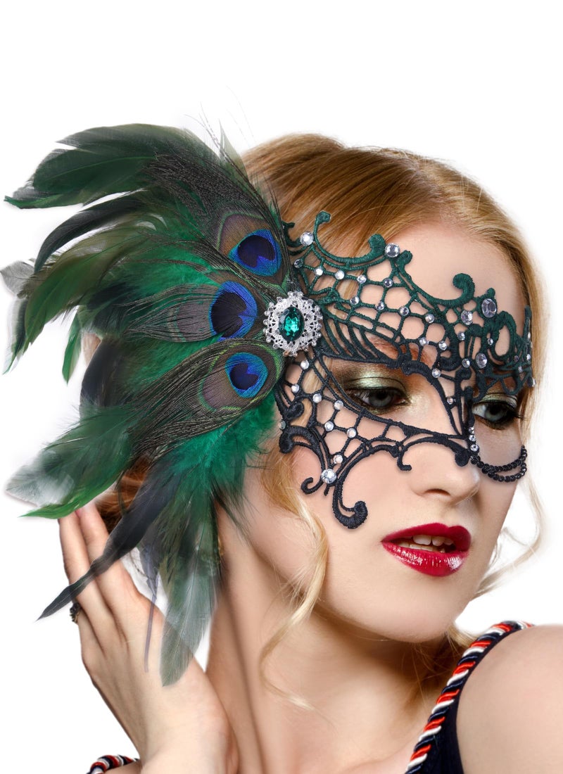 Zinniday Halloween Masquerade Masks for Women -2026 Black Green Peacock Feather Lace Mask, 1920s 50s Antique Venetian Eyemask for Woman Cosplay Party Evening Carnival Costume Prom Renaissance - Image 1