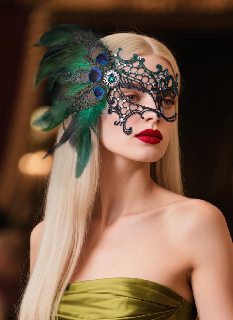 Zinniday Halloween Masquerade Masks for Women -2026 Black Green Peacock Feather Lace Mask, 1920s 50s Antique Venetian Eyemask for Woman Cosplay Party Evening Carnival Costume Prom Renaissance - Image 2