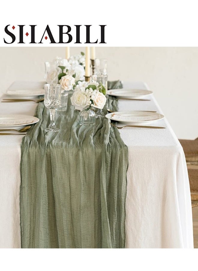 شبيلي مفرش طاولة من البوليستر مقاس 90*300 سم، مفرش طاولة زفاف أخضر، مفرش طاولة من الشاش البوهيمي، ديكور طاولة شفاف ريفي لحفلات الزفاف الرومانسية، حفلات استقبال المولود، حفلات أعياد الميلاد - Image 1