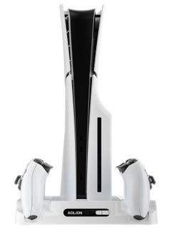AOLION Sony 5 Playstation 5 Stand with Cooling Station and DualSense Controller Charging Station for PS5 SLIM/PRO/DE/UHD, PS5 Cooling Fan with 8 CD holder and 3 Adjustable Fan Speeds (White)  - Image 5