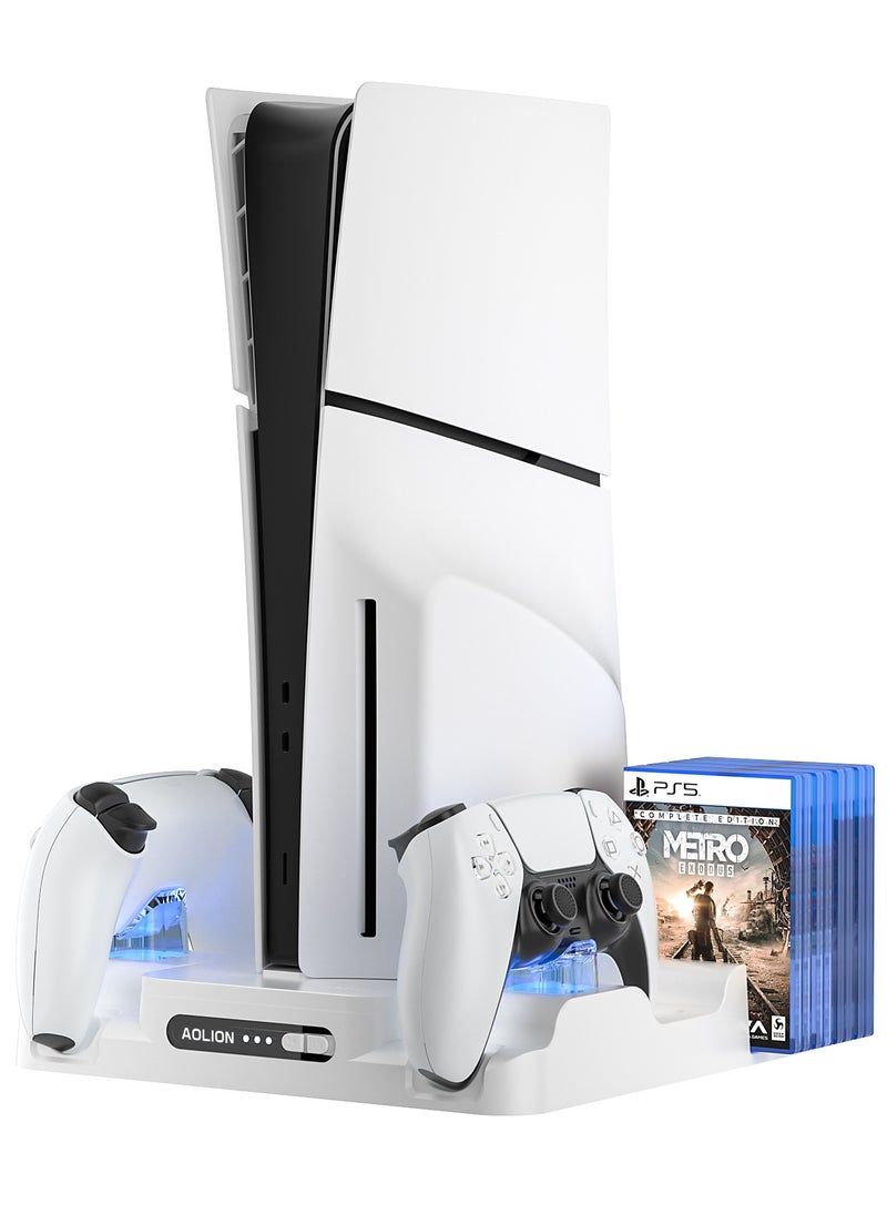 أوليون حامل سوني 5 بلاي ستيشن 5 مع محطة تبريد ومحطة شحن للأيدي لجهاز PS5 SLIM/PRO/DE/UHD، ومروحة تبريد PS5 مع 8 حامل أقراص مضغوطة و3 سرعات مروحة قابلة للتعديل (أبيض)  - Image 1