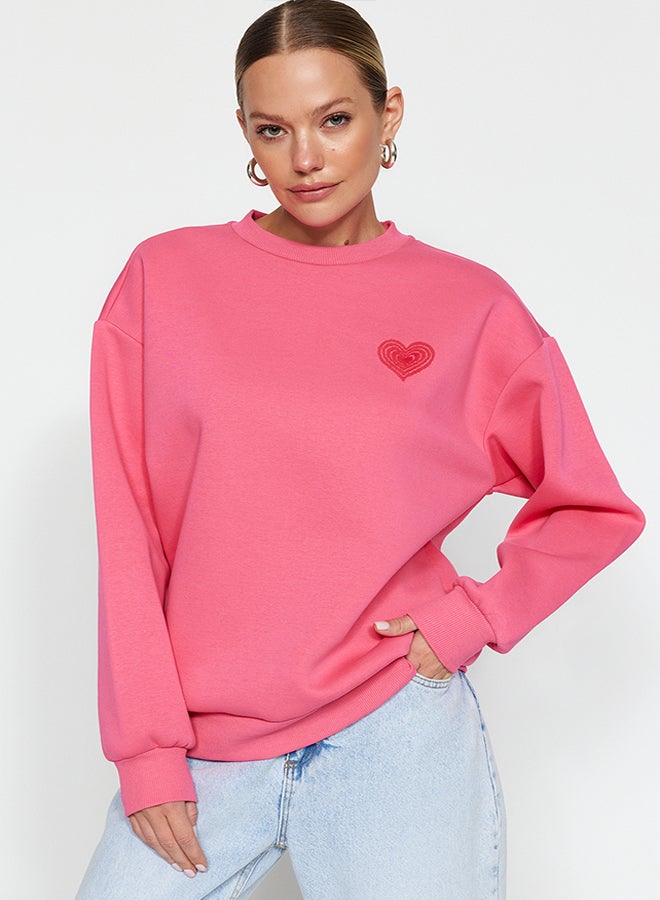 trendyol Pink Thick Fleece Inside With Relief Print On The Chest And Back, Oversized Knitted Sweatshirt TWOAW24SW00226 - Image 3