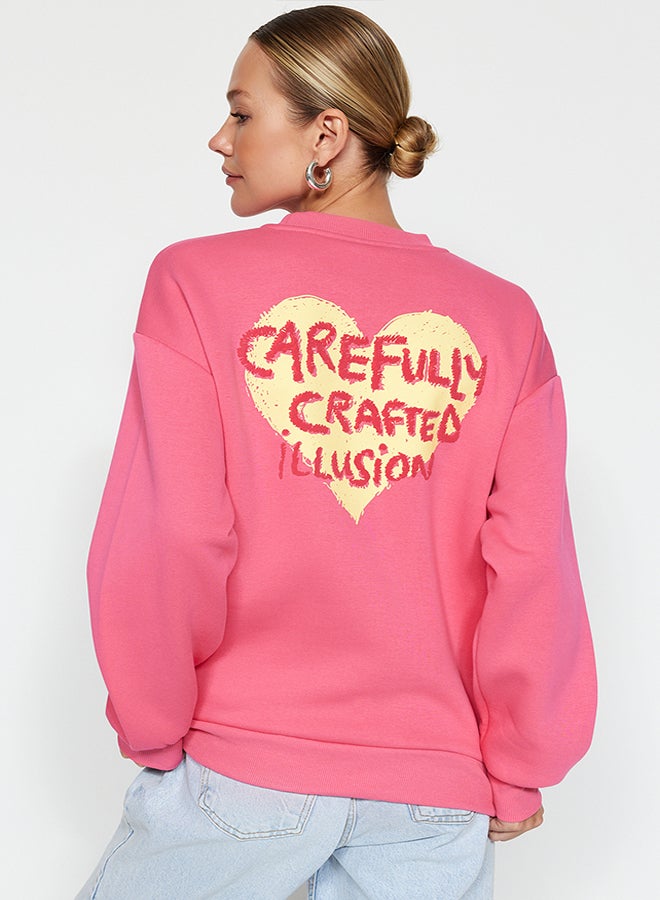 trendyol Pink Thick Fleece Inside With Relief Print On The Chest And Back, Oversized Knitted Sweatshirt TWOAW24SW00226 - Image 1