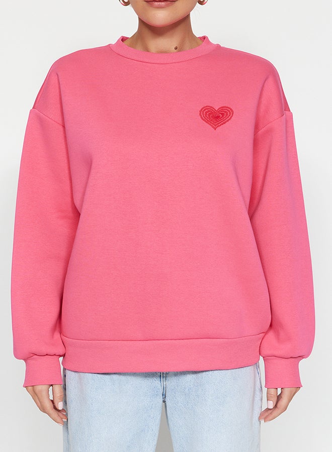 trendyol Pink Thick Fleece Inside With Relief Print On The Chest And Back, Oversized Knitted Sweatshirt TWOAW24SW00226 - Image 4