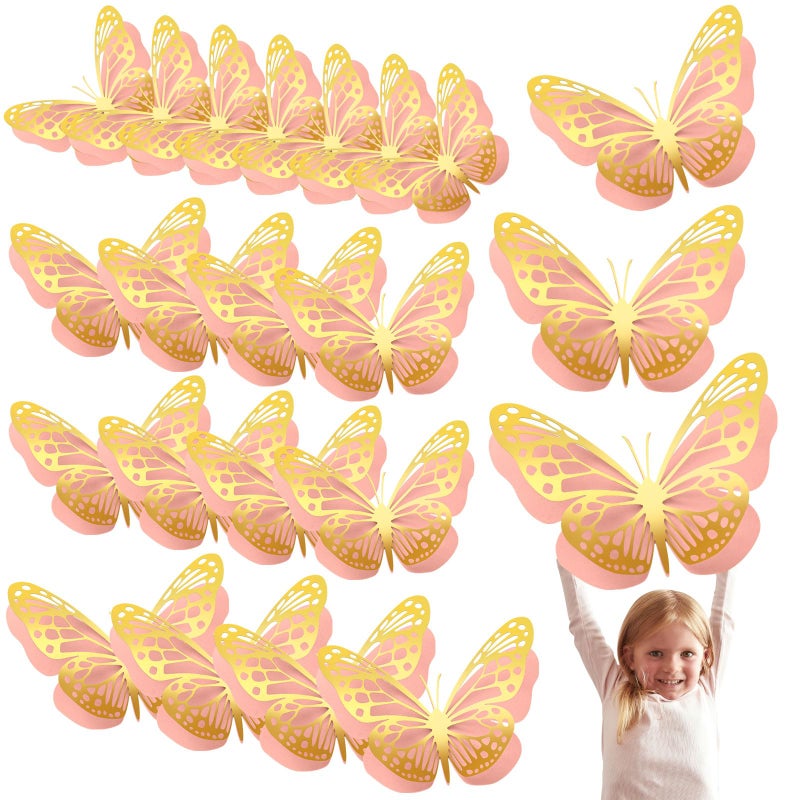 Geosar 20 Pcs 3D Large Butterfly Party Decoration 2 Layer Giant Paper Butterfly Stickers for Birthday Baby Shower Nursery Wall Decor GoldPink
