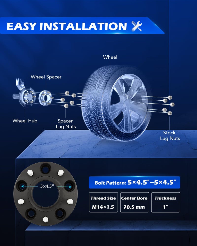 Orion Motor Tech 5x4.5 Hubcentric Wheel Spacers 1 inch 70.5mm Bore with M14x1.5 Studs Compatible with 2015-2022 Ford Mustang EcoBoost 2020-2022 Explorer, 25mm Hub 5x114.3 Wheel Spacer Kit, Set of 4 - Image 2