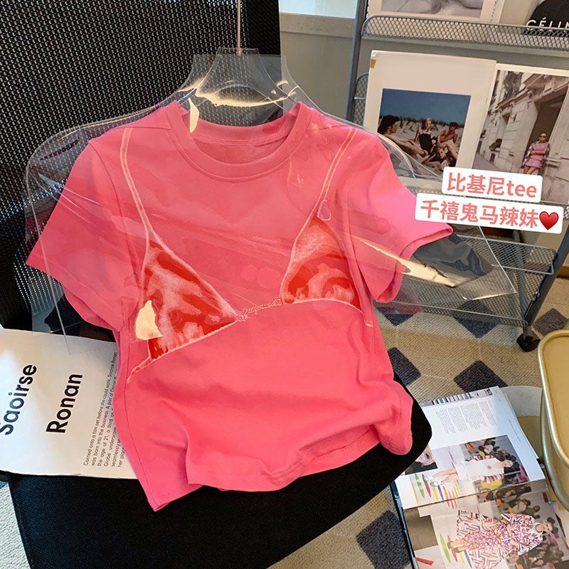 Tiktok popular cotton round neck short sleeve bikini printed T-shirt niche design loose top one-piece delivery Rose Red