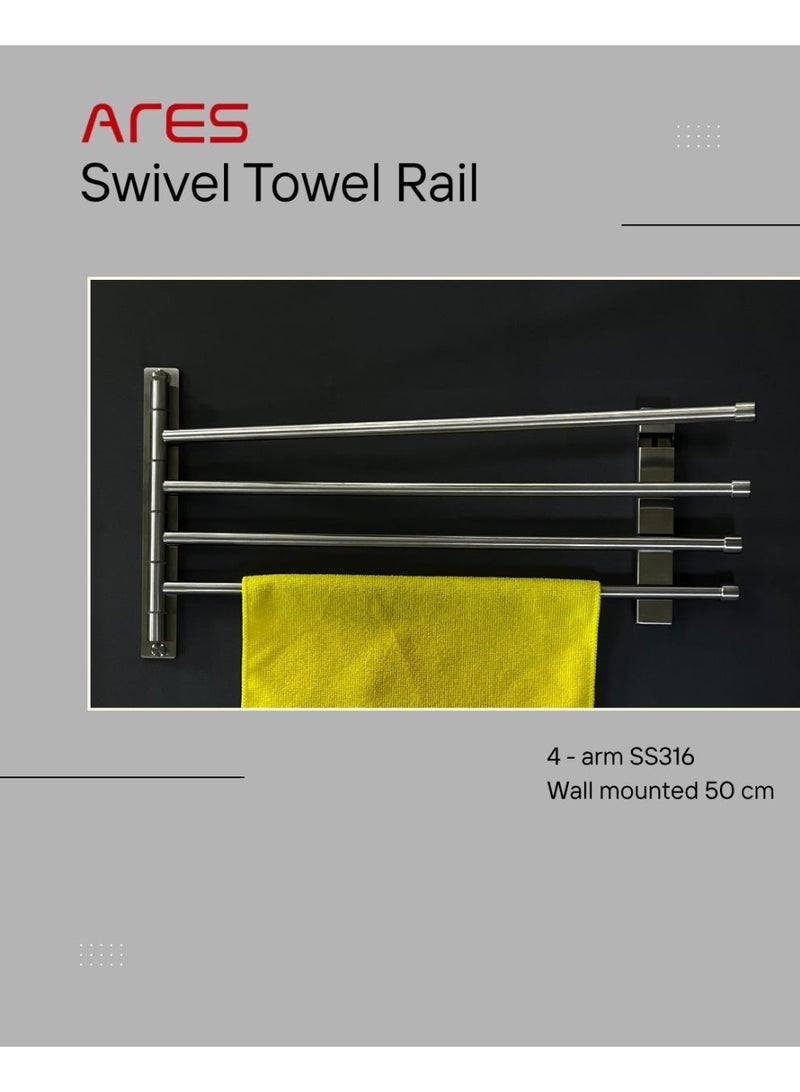 ARES Swivel Towel Rail 4-Arm SS316 | 180° Rotating Wall Mounted 50 cm - Image 1