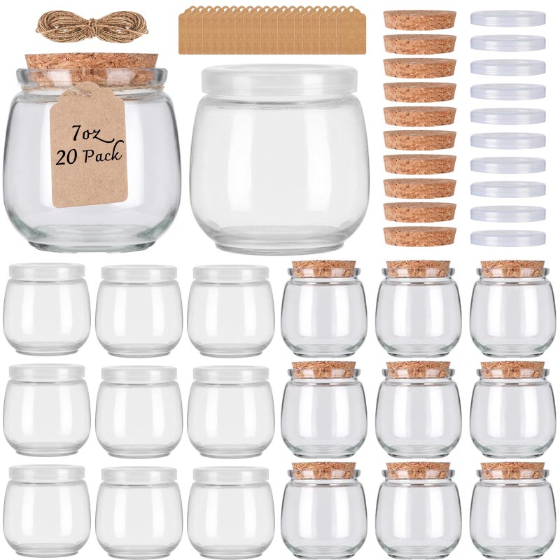 NEWMIAO 20 Pack 7 oz Glass Yogurt Jars with Cork Lids and PE Lids Glass Pudding Jars Candles Jars Small Containers for Wedding Favors Milk Jam Honey Cake Spices and DIY Gift - Image 2