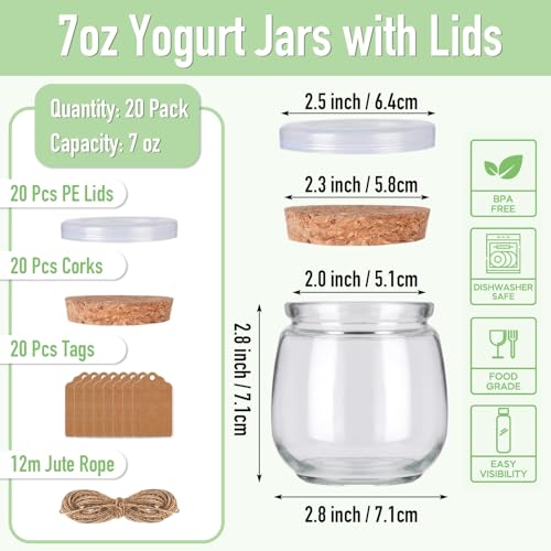 NEWMIAO 20 Pack 7 oz Glass Yogurt Jars with Cork Lids and PE Lids Glass Pudding Jars Candles Jars Small Containers for Wedding Favors Milk Jam Honey Cake Spices and DIY Gift - Image 3