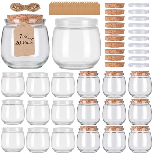 NEWMIAO 20 Pack 7 oz Glass Yogurt Jars with Cork Lids and PE Lids Glass Pudding Jars Candles Jars Small Containers for Wedding Favors Milk Jam Honey Cake Spices and DIY Gift - Image 1