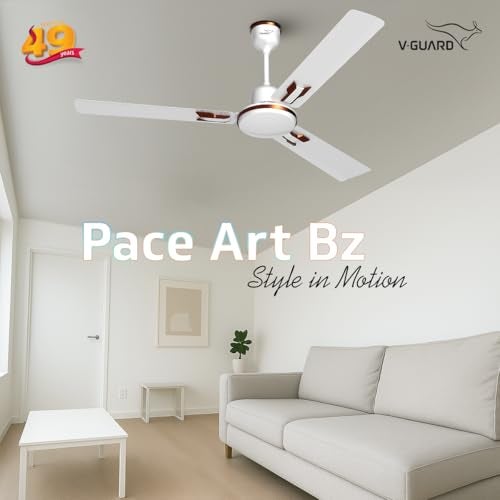 V-Guard Pace Art Bz Ceiling Fan For Home | BEE 1 Star Rating | Decorative Trims | 370 RPM | 2-Year Coverage | 1.2 m (Pebble White) - Image 2